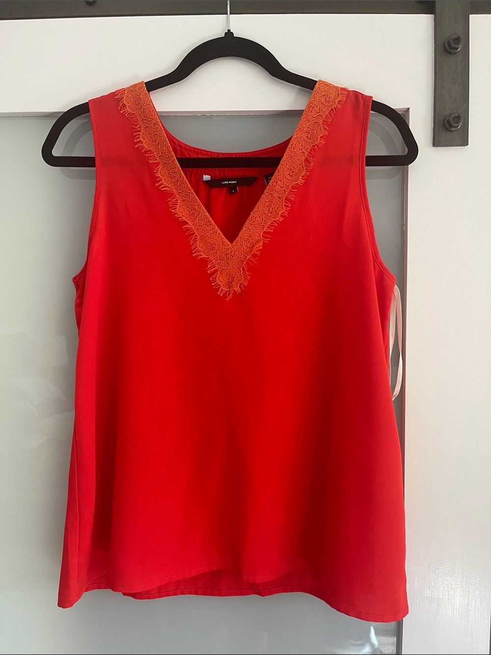 Vero Moda Red Top with Orange Lace V-Neck